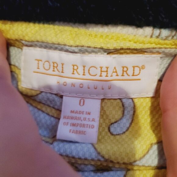 Tori Richard Sage moss Yellow white Pattern square neckline mini Shift Dress - Picture 5 of 5